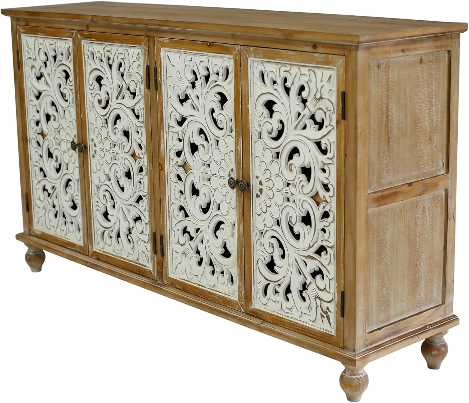 Dolonm Accent Cabinet with 4 Doors, Farmhouse Sideboard Buffet Cabinet with Storage, Modern Storage Cabinet with Wood Carved Floral Doors for Living Room, Dining Room, Entryway, Hallway, Kitchen