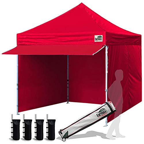 Eurmax USA 10 x 10 Pop up Canopy Commercial Tent Outdoor Party Canopies with 4 Removable Zippered Sidewalls and Roller Bag Bonus 4 Canopy Sand Bags & 24 Squre Ft Extended Awning(Black)