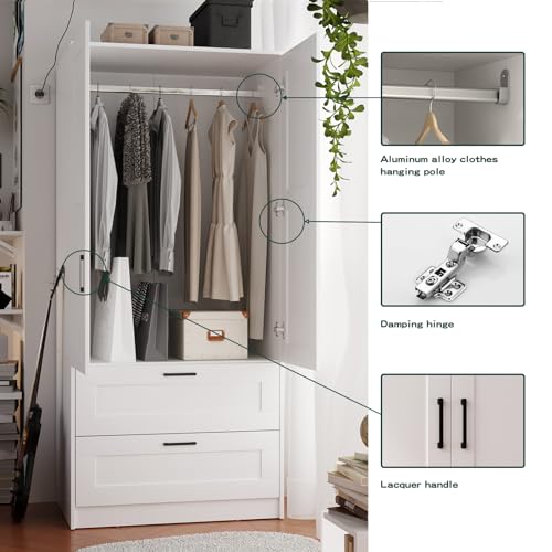 Wood Wardrobe Closet with 2 Doors and Drawers，Bedroom Freestanding Armoire Storage Cabinet with Shelves，Wooden Wardrobe Combination for Hanging Clothes Feng Hua Li Zhi (31.5”W X 18.9”D X 68.9”H)