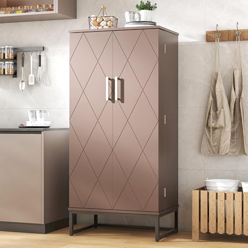 51” Pantry Cabinets, White Freestanding Kitchen Pantry Storage Cabinet with Adjustable Shelves, Buffet Cupboards Storage Cabinet for Home Office Use, White + Gold