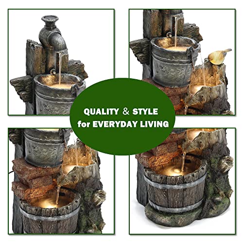 LuxenHome 22.4" Farmhouse Pump and Pots Resin Outdoor Fountain with LED Lights Outdoor and Indoor Water Fountain for Gardens, Landscaping, Patios, Balconies, and Lawns