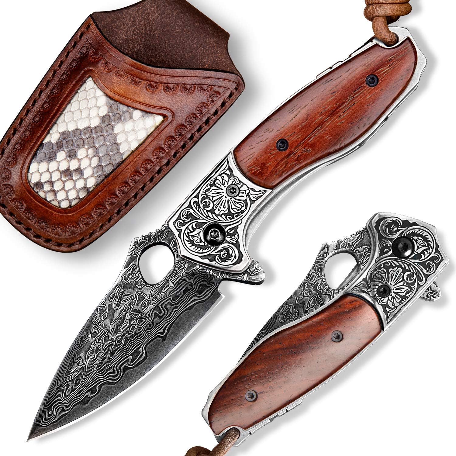 SPIRIT DEED EDC Pocket Knife for Men,2.5in Japanese Handmade VG10 Damascus Steel,Rosewood Handle,Liner Lock,Leather Sheath,Folding Knives for Camping and Hunting (Rosewood, 2.8)