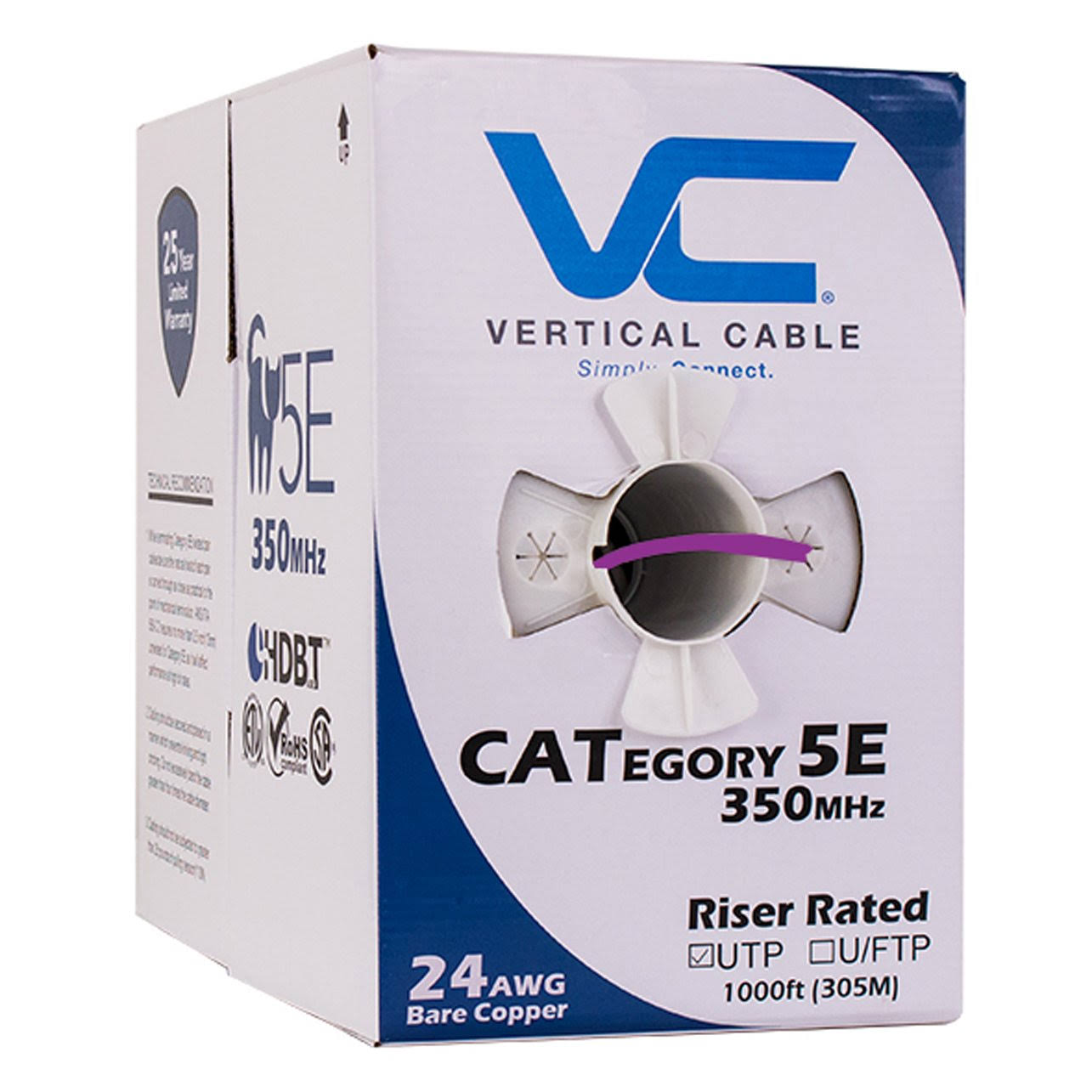 Vertical Cable Cat5e, 350 MHz, UTP, 24AWG, 8C Solid Bare Copper, 1000ft, Purple, Bulk Ethernet Cable