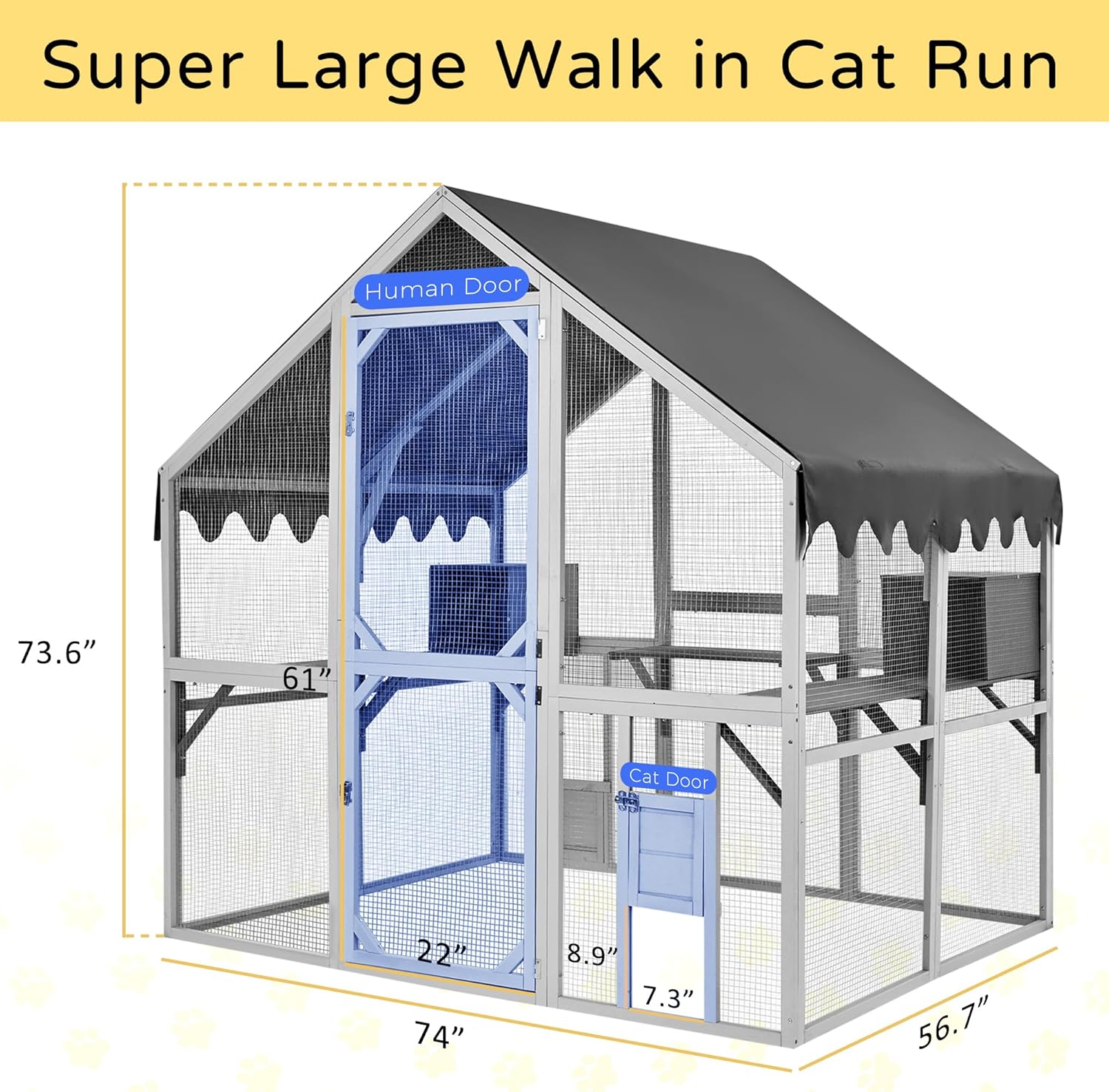 Catios for Cats Outdoor Patio Large Outdoor Cat Enclosure with Escape-Proof, Weatherproof for Multiple Cats Wooden Cat House, White-Grey LxWxH 74"x56.7"x73.6"