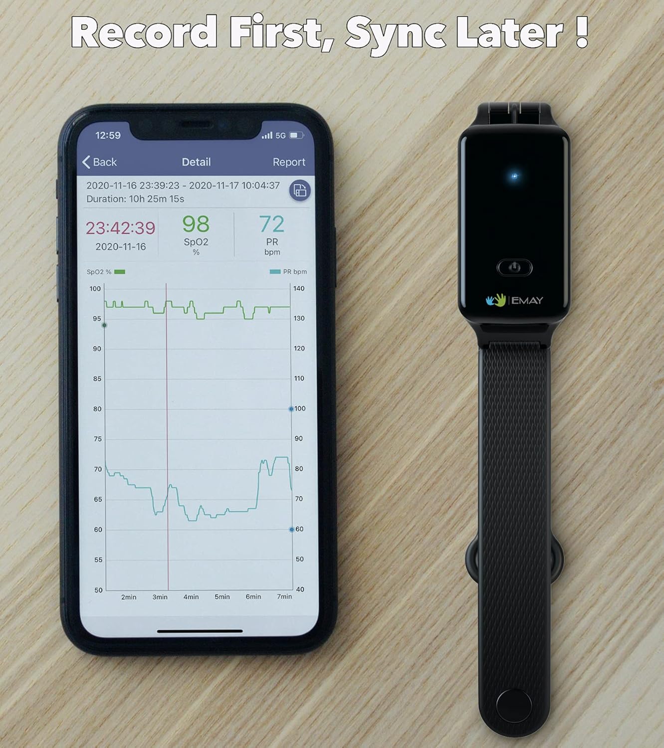 EMAY SleepO2 Wrist Pulse Oximeter with Silicone SpO2 Sensor | Bluetooth Sleep Oxygen Monitor Rechargeable for Continuous Blood Oxygen and Heart Rate Tracking | Free App with Overnight Report