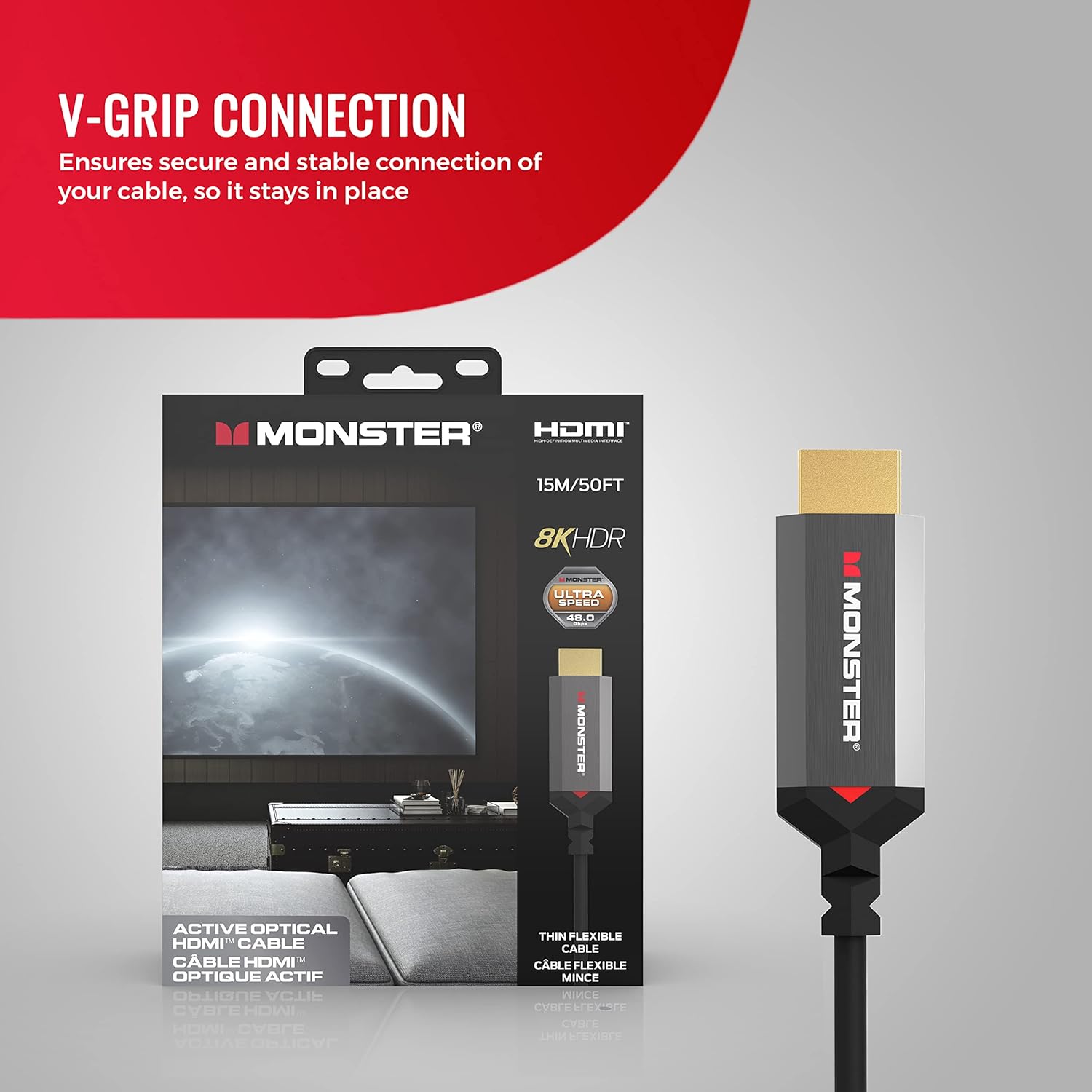 Monster Essentials HDMI 2.1-48 Gbps Active Optical Cable Featuring Aluminum Extrusion Connector - Supports 8K @ 60HZ, 4K @ 120HZ, Premium Certified, V-Grip, 15 Meters