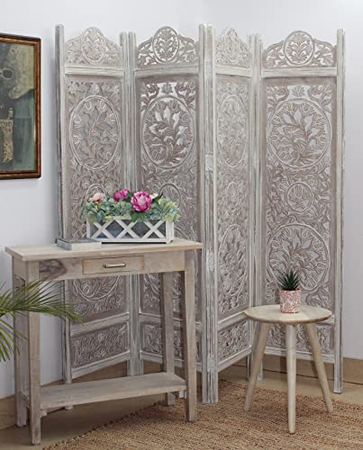 Room Divider Wood Screen - Ghanti Bells Antique Brown - 4 Panel Folding 72 x 80 - Assembled Hand Carved Decorative Functional Versatile Portable Partition Reversible Privacy Boho - COTTON CRAFT