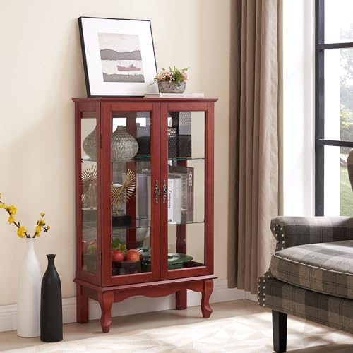 Dolonm Curio Corner Cabinet with Glass Doors, Curio Display Cabinets with Adjustable Shelves, Corner Display Cabinet with Mirrored Back Panel, Lighted Corner Curio Cabinet, Light Bulb Included, Cherry