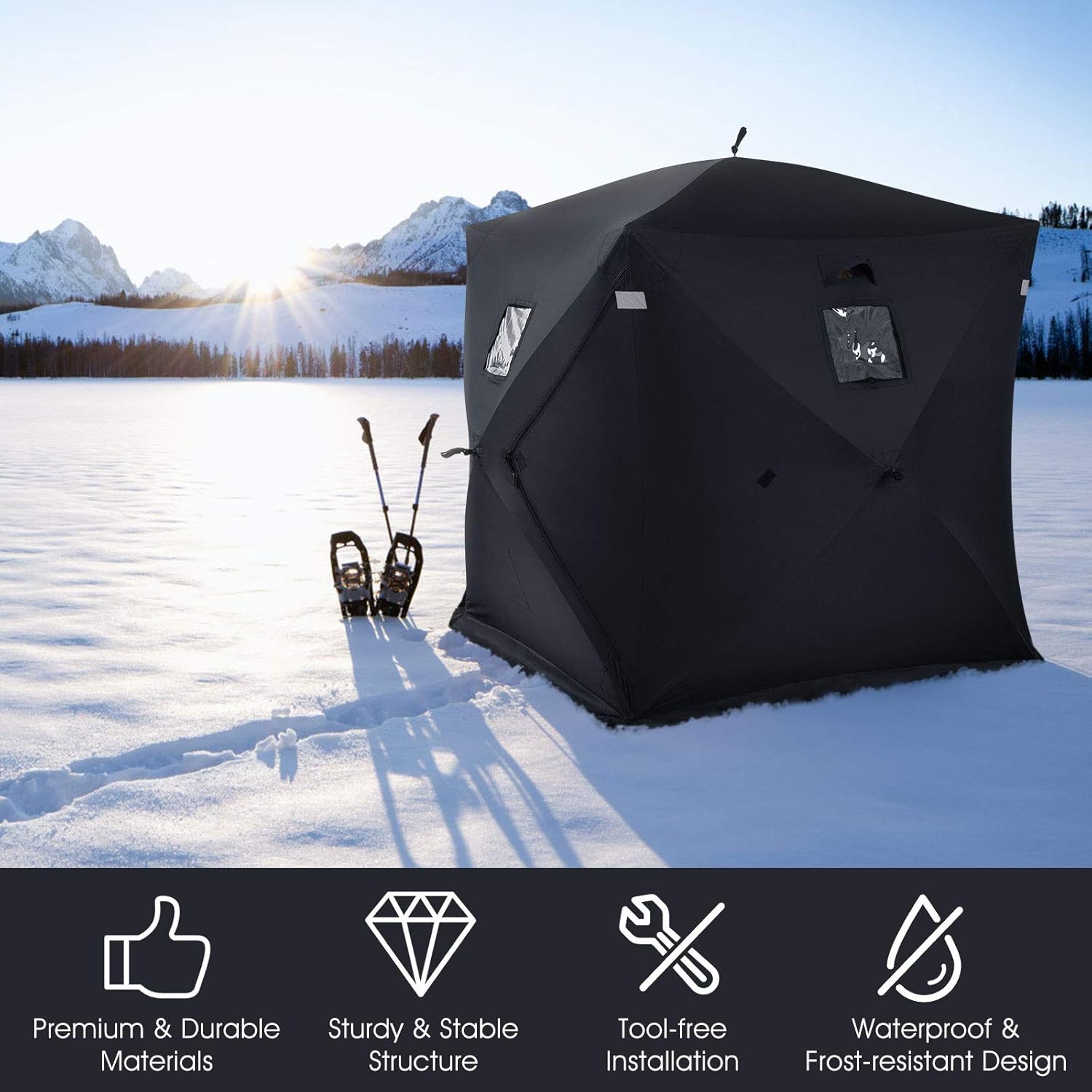 GYMAX Ice Shelter, Pop-up Waterproof Fishing Tent 2-Person Portable Ice Tent with Detachable Windows, Zippered Door & Carry Bag