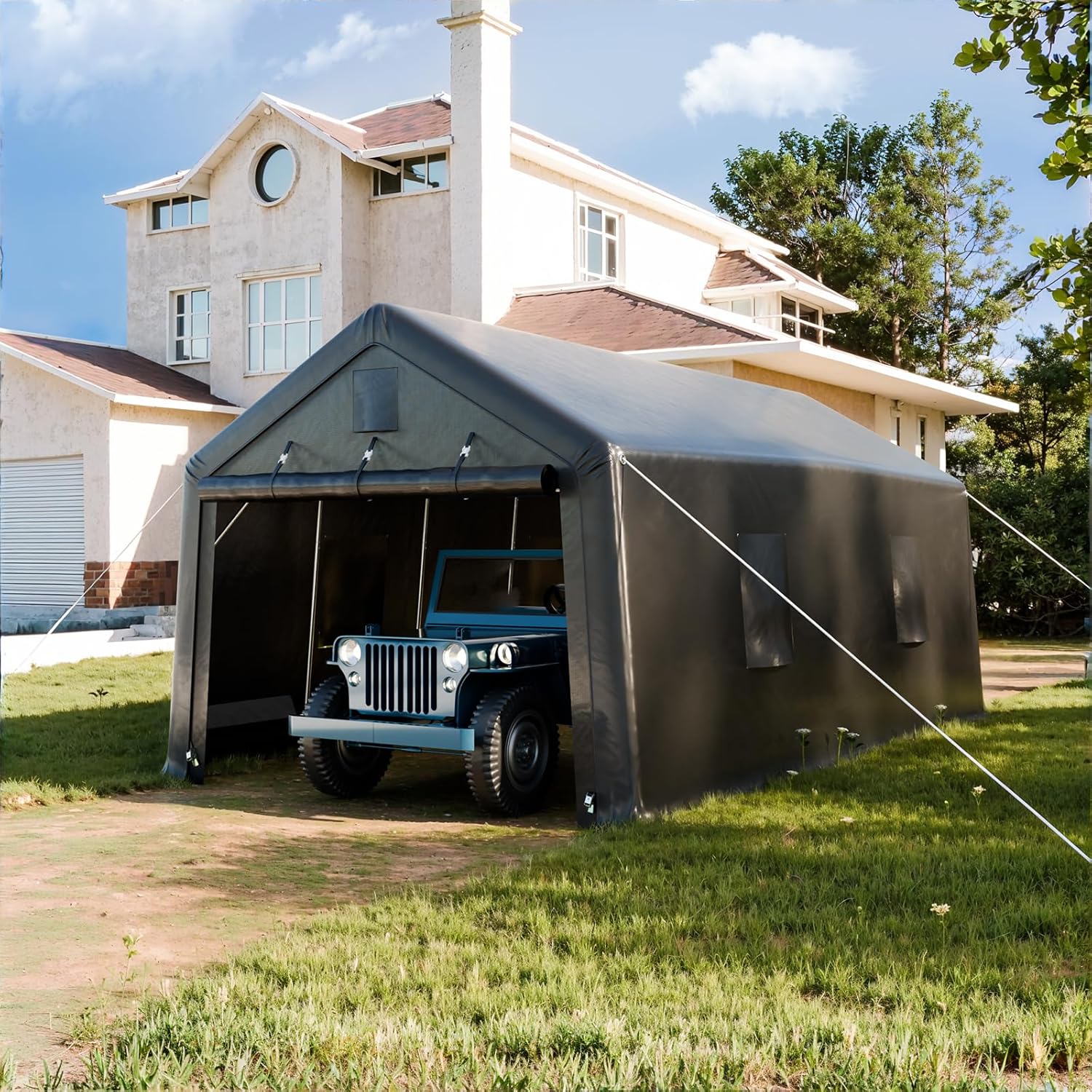12x20ft Heavy Duty Carport, Car Port With All-Steel Metal Frame,Portable Garage For Automobile,Truck,Boat,Outdoor Storage Shelter,6*Ventilated Windows,4*Windproof Ropes,Anti-Snow Car Canopy