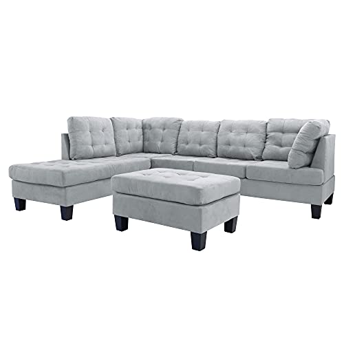 Casa Andrea Milano 3 Piece Modern Tufted Micro Suede L Shaped Sectional Sofa Couch with Reversible Chaise & Ottoman