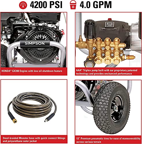 Simpson 61014 3500 PSI at 2.5 GPM Honda GX200 with AAA AX300 Axial Cam Pump Cold Water Professional Gas Pressure Washer PS61002-S