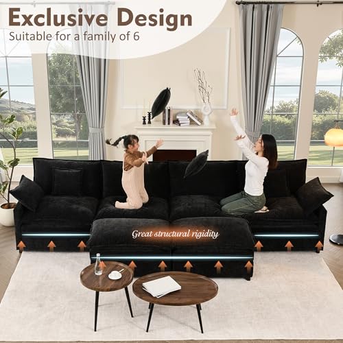 108" U Shaped Couch, Modular Sectional Sofa, 3-Seater Comfy Cloud Couch with Movable Ottoman, Deep Seat Couches for Living Room, Chenille, Black