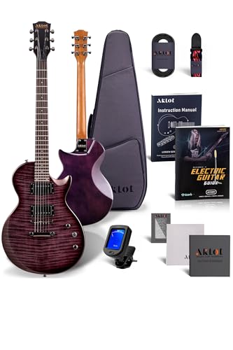 AKLOT Muti-Tone Electric Guitar with Coil-Split: Roasted Maple Neck, Flame Maple Graphic Top, Dual Humbuckers Pickups, Beginner Guitar Kit with Gig Bag, Lesson Book, Strap, Picks, Violet Venom