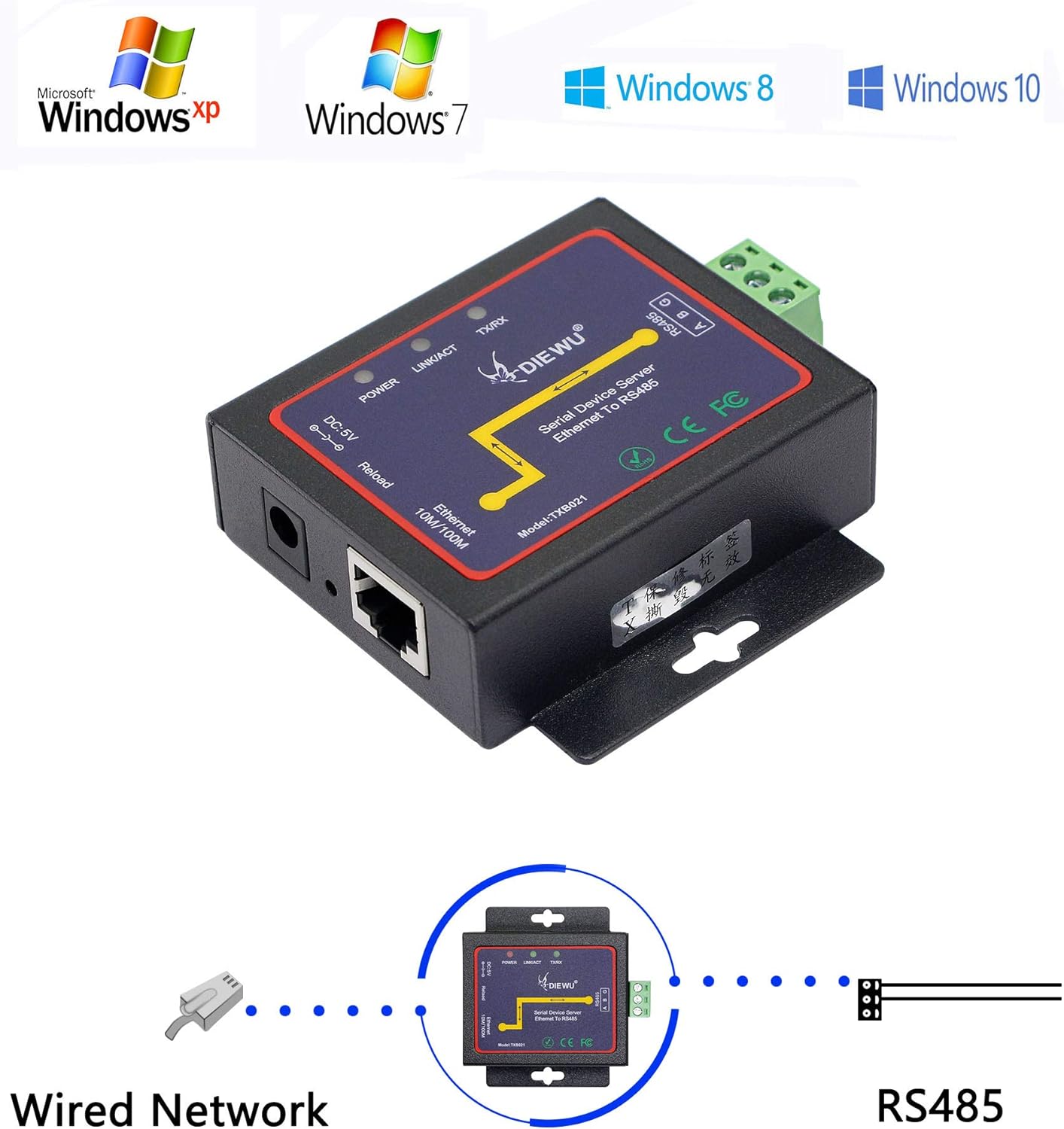 CERRXIAN RS485 to Ethernet RJ45 TCP / IP Serial Device Server Converter Transparent Transmission Serial Data Communication Device Support Web Management System Pack of 2
