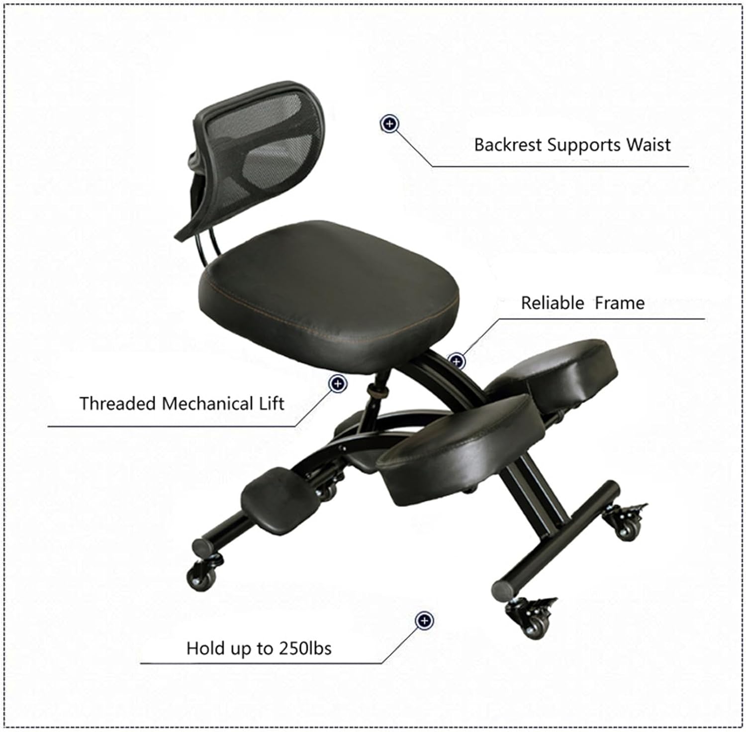 Ergonomic Kneeling Chair with Backrest, Rolling Posture Correction Kneeling Chair Adjustable Posture Knee Stool Chair for Home Office, Black