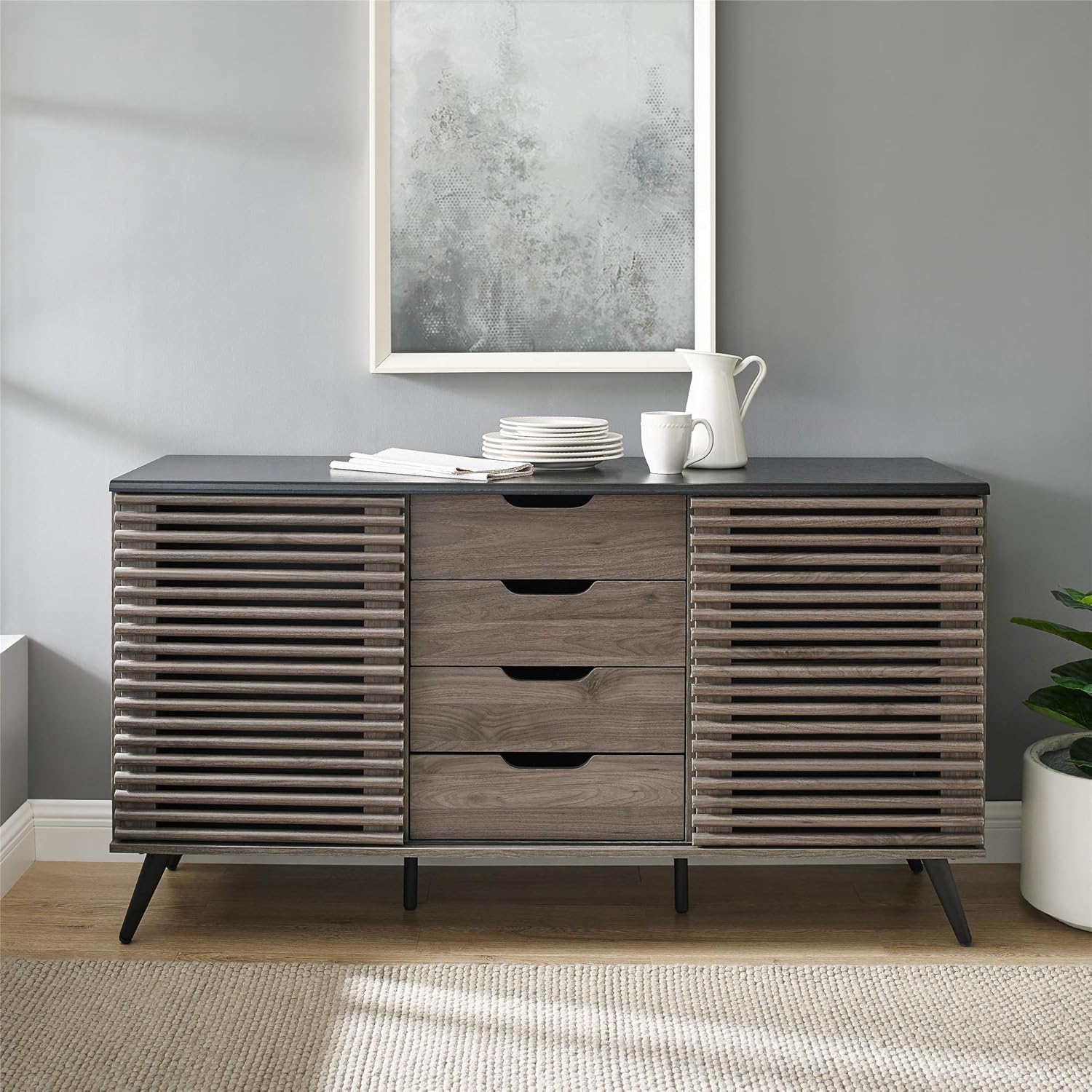 Walker Edison Modern 4 Drawer Sliding Door Wood Cabinet Buffet Entryway Serving Storage Cabinet Doors Dining Room Console, 59 Inch, Black and Slate Grey