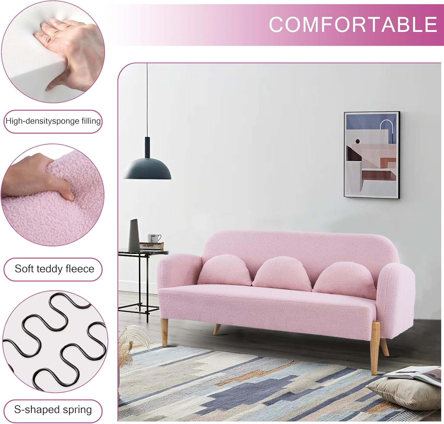 59" Sofa Loveseat with 3 Lumbar Pillows, Mid Century Modern Teddy Fabric Velvet Mini Couch for Living Room, Accent Sofa&Couches with Wood Leg Feet for Home Offices Bedroom, Pink
