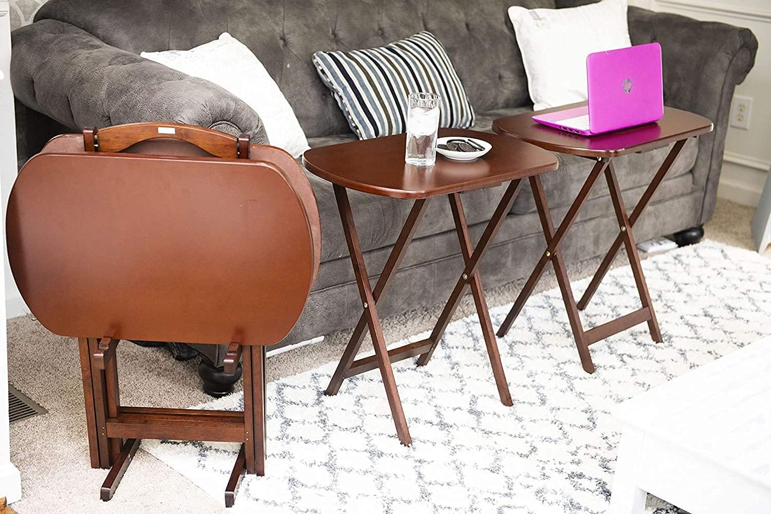 Snack Tray Tables Set of 4 with Stand TV Couch Eating Coffee Tea Oversize Portable Dark Wooden Rustic Folding Serving Travel Food & eBook by OISTRIA