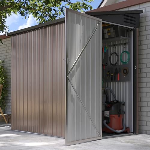 8'x4' Shed Galvanized Steel Storage Sheds with Triple Doors Weatherproof Outdoor Utility Sheds, Dual Lock Lean to Shed with Sloped Roof for Mower, Bike, Generator, Garden Tools (Black)