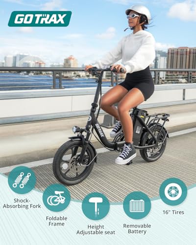 Gotrax 16" Folding Electric Bike, Max 28Miles Range(Pedal-Assist) & Speed 15.5Mph Power by Peak 500W, E-Bike with Removable Battery, Suspension & Adjustable Size, Commuter Bicycle for Adults/Teens