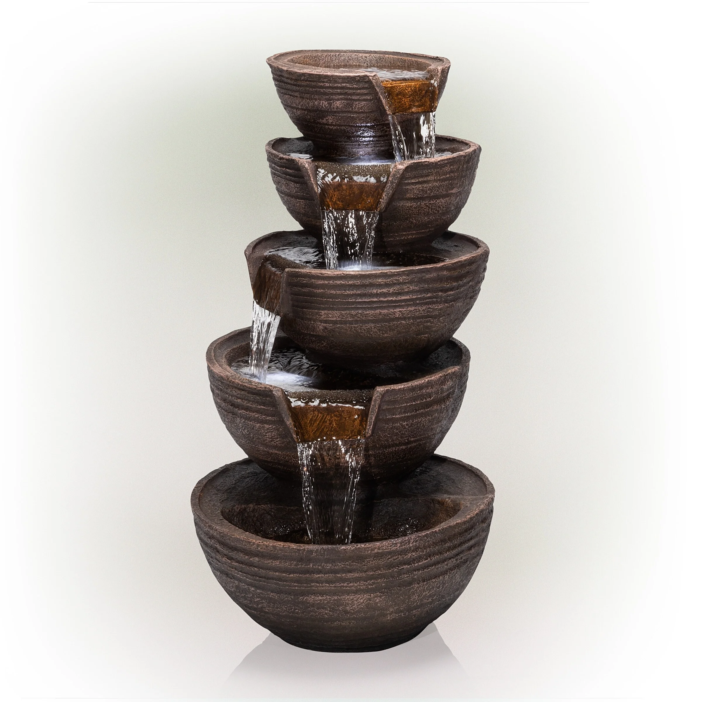 Alpine Corporation  34" Tall Outdoor 5-Tier Modern Bowl Cascading Waterfall Fountain with LED Lights