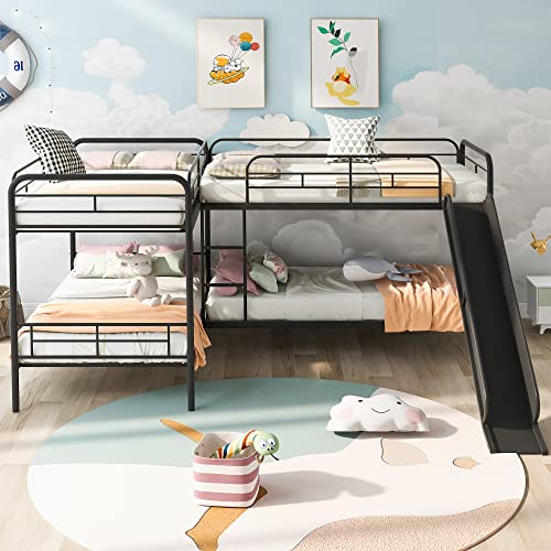 Triple Bunk Metal Beds,Can Be Separated into 3 Twin Beds with Headboards,Twin Over Twin/Twin Bunk Bed-Black