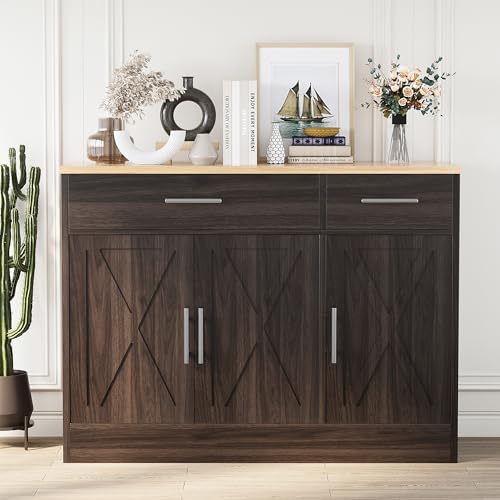 Shintenchi Modern Farmhouse Sideboard Buffet Cabinet with Storage with 3 Doors,42" Barn Doors Buffet Cabinet with Storage, Wood Coffee Bar Cabinet with Adjustable Shelf for Kitchen Living Room,White