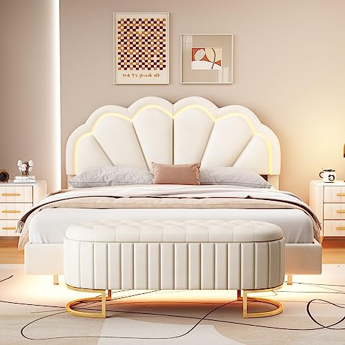 SOFTSEA 2-Pieces Full Bedroom Sets, 2 Pieces Furniture Bedroom Sets Include Full Size Upholstered LED Platform Bed and Storage Ottoman-Velvet, Beige
