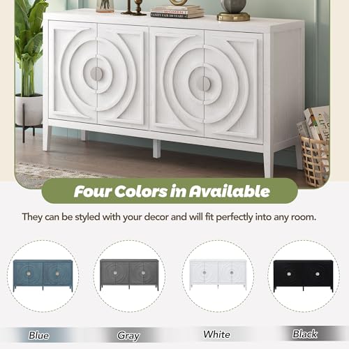 Sideboard Cabinet, Retro 4-Door Large Storage Space Buffet Cabinet with Adjustable Shelves and Circular Groove Design for Kitchen, Dining Room, Living Room (Black)