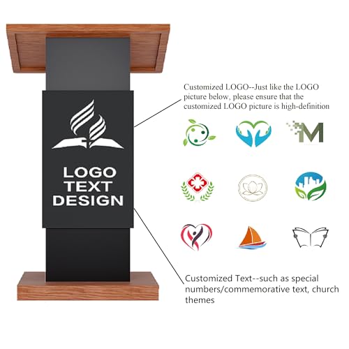Customized Mobile Podium Stand-Personalized Logo& Text on Center Board, Portable Rolling Podium Business Wooden Lecture Podium Reception Desk Hostess Stand, Pulpit for Churches