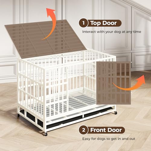 48 Inch Heavy Duty Indestructible Dog Crate Steel Escape Proof, Indoor Double Door High Anxiety Cage, Kennel with Wheels, Removable Tray, Extra Large XL XXL