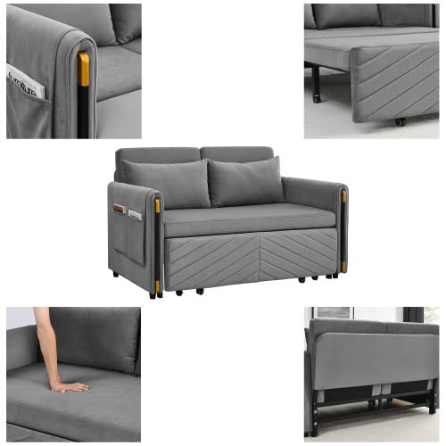 54" Modern Velvet Convertible Sofa Bed with 2 Detachable Arm Pockets, Velvet Loveseat Multi-position adjustable Sofa, Pull Out Bed with Bedhead, Sofa Sleeper with 2 Pillows for Living Room, Gray