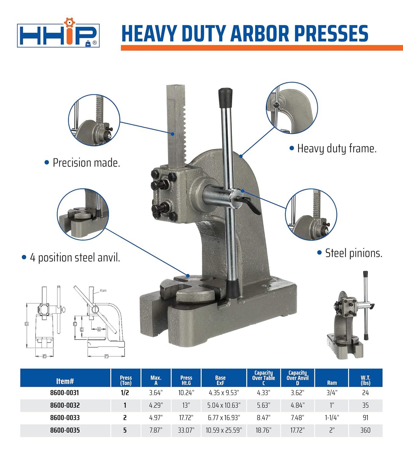 HHIP 8600-0031 Heavy Duty Arbor Press, .5 Ton Capacity, 10 Height (Pack of 1)