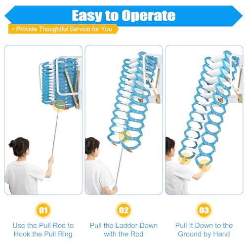 12 Steps Folding Attic Ladder Pull Down System, Wall Mounted Multifunctional Loft Ladder, Blue and White Retractable Collapsible Ladder with Armrests for Attics & Basements