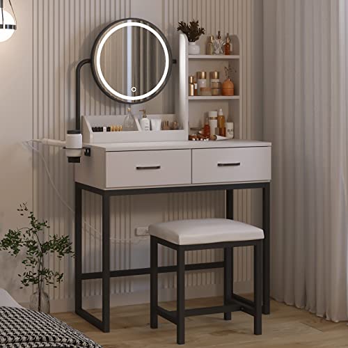 Makeup Vanity Desk with Round Mirror and Lights, White Vanity Makeup Table with Hair Dryer Rack, Small Vanity Table for Bedroom with Lots Storage (Brown and Black, 15.75 * 31.5 * 53.6in)