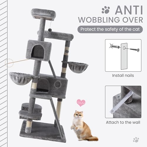 SHA CERLIN 65in Larger Cat Tree Tower Condo for Indoor Cats, Multi-Level Furniture Activity Center with Wide Base/Cozy Plush Cat Perches/Baskets/Sisal Scratching Posts and Hammock/Grey