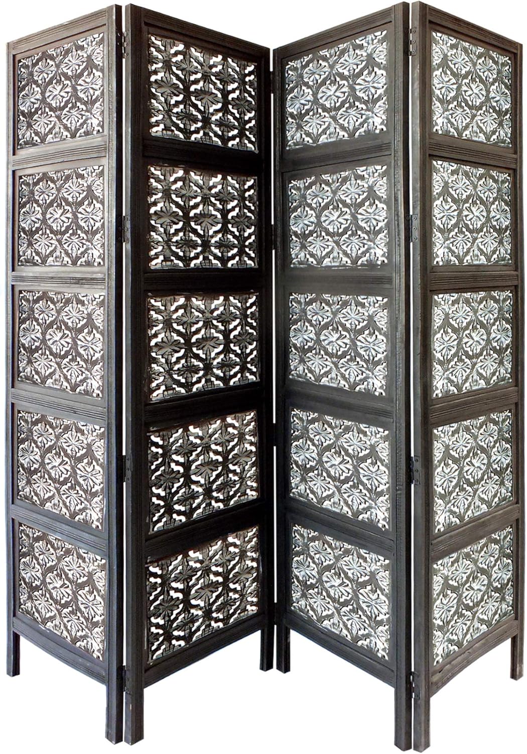 TUP The Urban Port , Black and White Four Panel Mango Wood Room Divider with Traditional Carvings