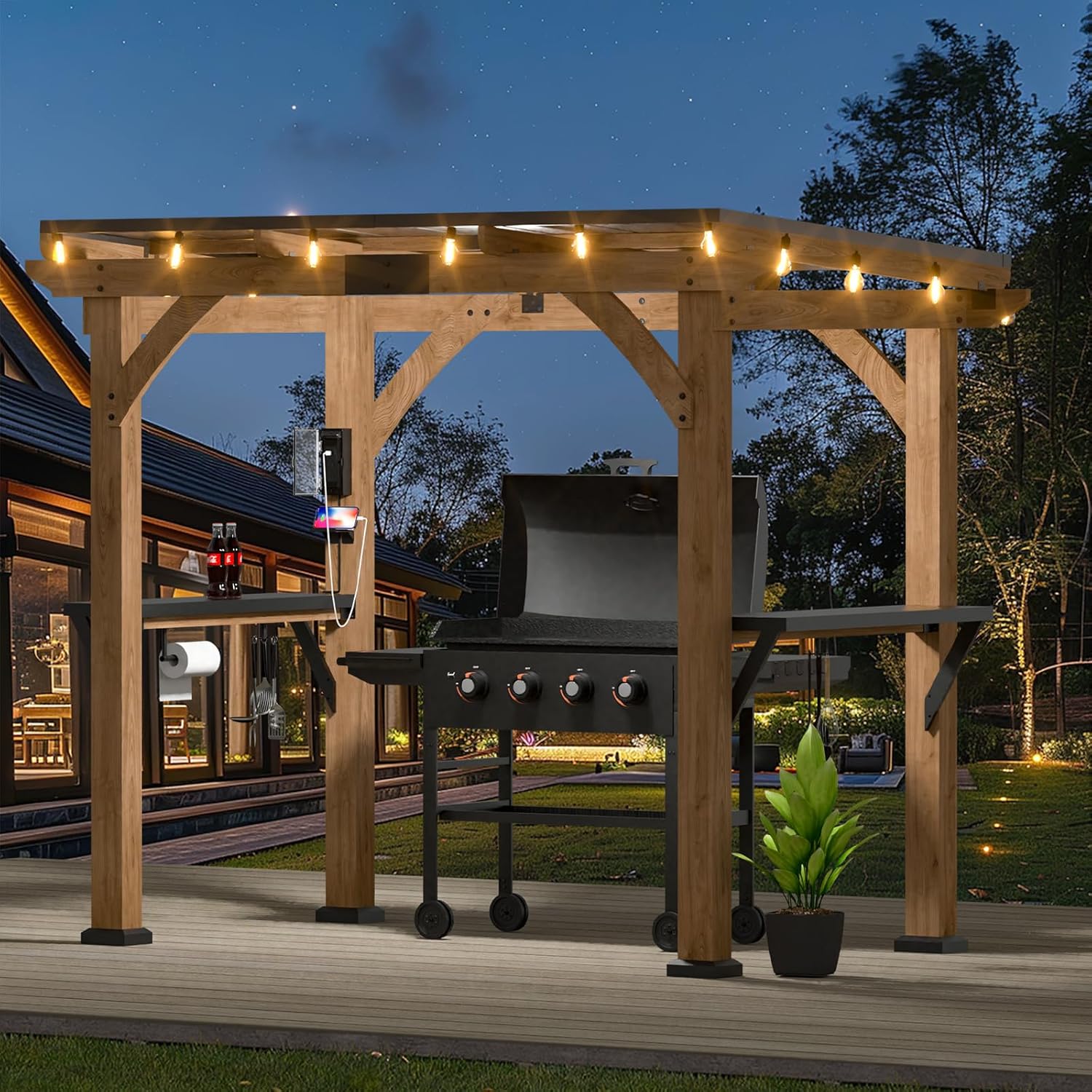 Modern Shade Grill Gazebo 6' X 8', Cedar Wood Gazebo with Shelves and Paper Towel Holder, Patio Gazebo with Galvanized Steel Roof, USB and USB-C Charging Ports, BBQ Gazebo for Patio Backyard