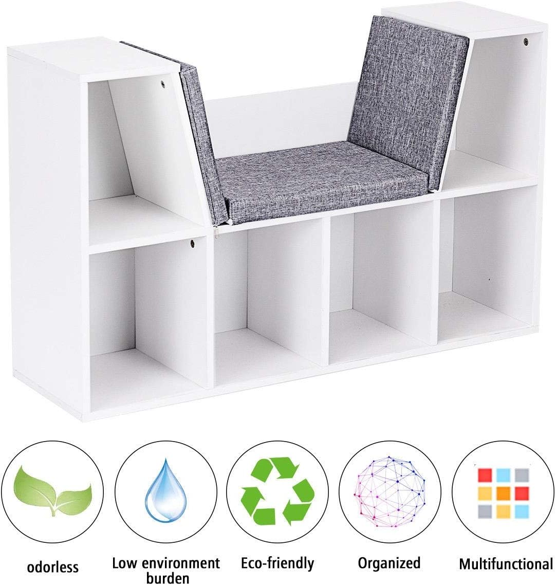 6-Cubby Kid Storage Bookcase Cushioned Reading Nook Versatile Bench Design Ample Storage Space