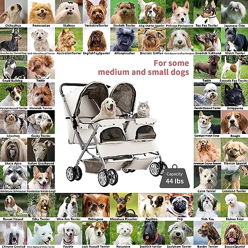 Double Pet Stroller, Foldable Stroller for 2 Dogs & Cats, Two-Seater Carrier Twin Dog Walk Jogger Travel Pet Carriage Cart with Storage, Gray