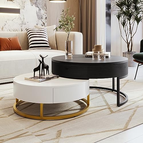 Modern Round Lift-top Nesting Coffee Tables with 2 Drawers for Living Room White & Natural
