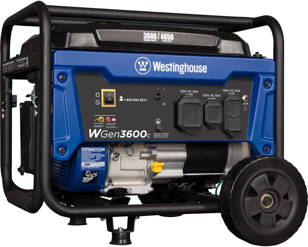 Westinghouse WGen3600 Portable Generator 3600 Rated Watts and 4650 Peak Watts, RV Ready, Gas Powered, CARB Compliant