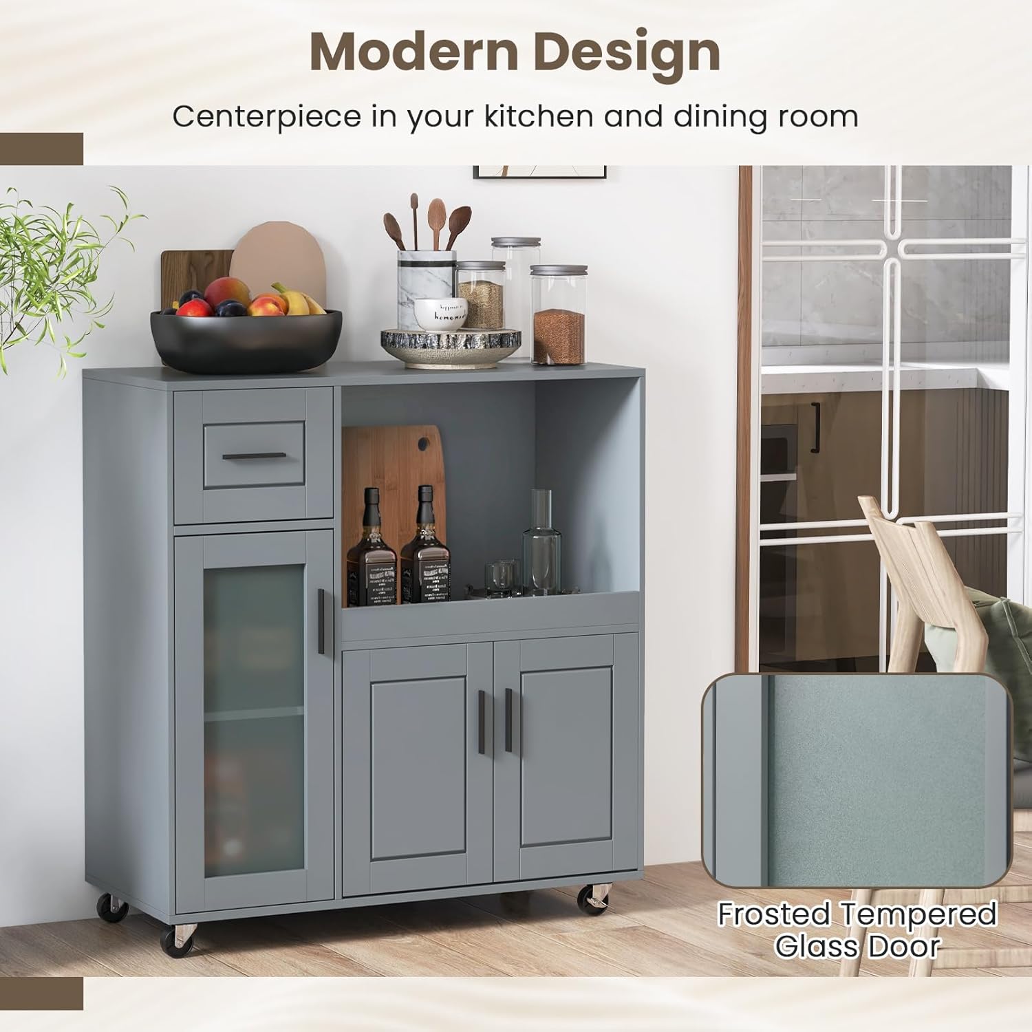 Giantex Kitchen Island with Storage, Mobile Kitchen Cart with Wheels, Tempered Glass Door, Drawer, 3-Level Adjustable Shelf, Microwave Storage Cabinet, Coffee Cart Station for Dining Room, Grey