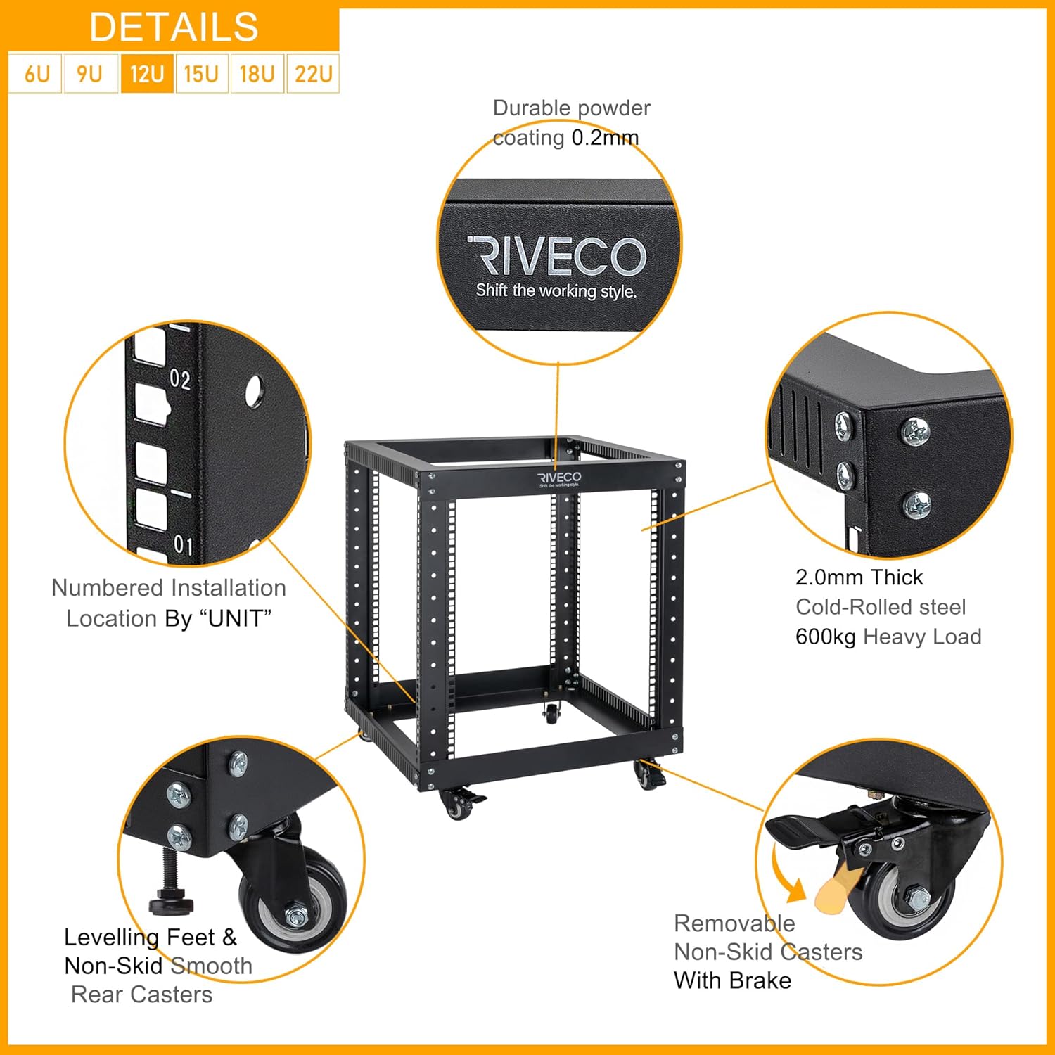 RIVECO 9U Open Frame Server Rack with Casters- Heavy Duty 4 Post Quick Assembly 19-inch, Stereo Rack Network Cabinet Black