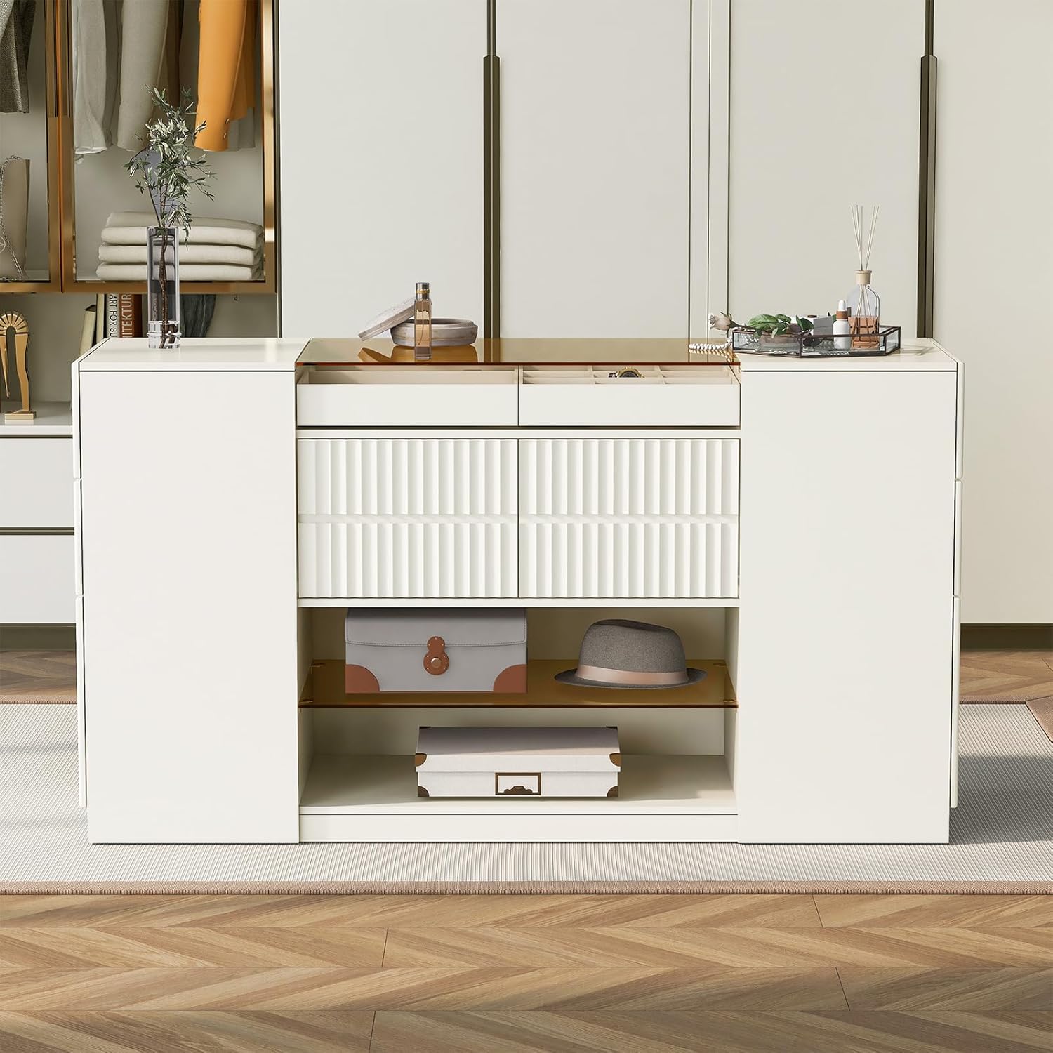Wardrobe Armoire Bedroom Island with Glass Top, Closet Island with 6 Drawers, 3 Cabinets, Glass Display Shelf Island Dresser Wooden Closet Storage Cabinet for Walk-in-Wardrobe Bedroom Shops