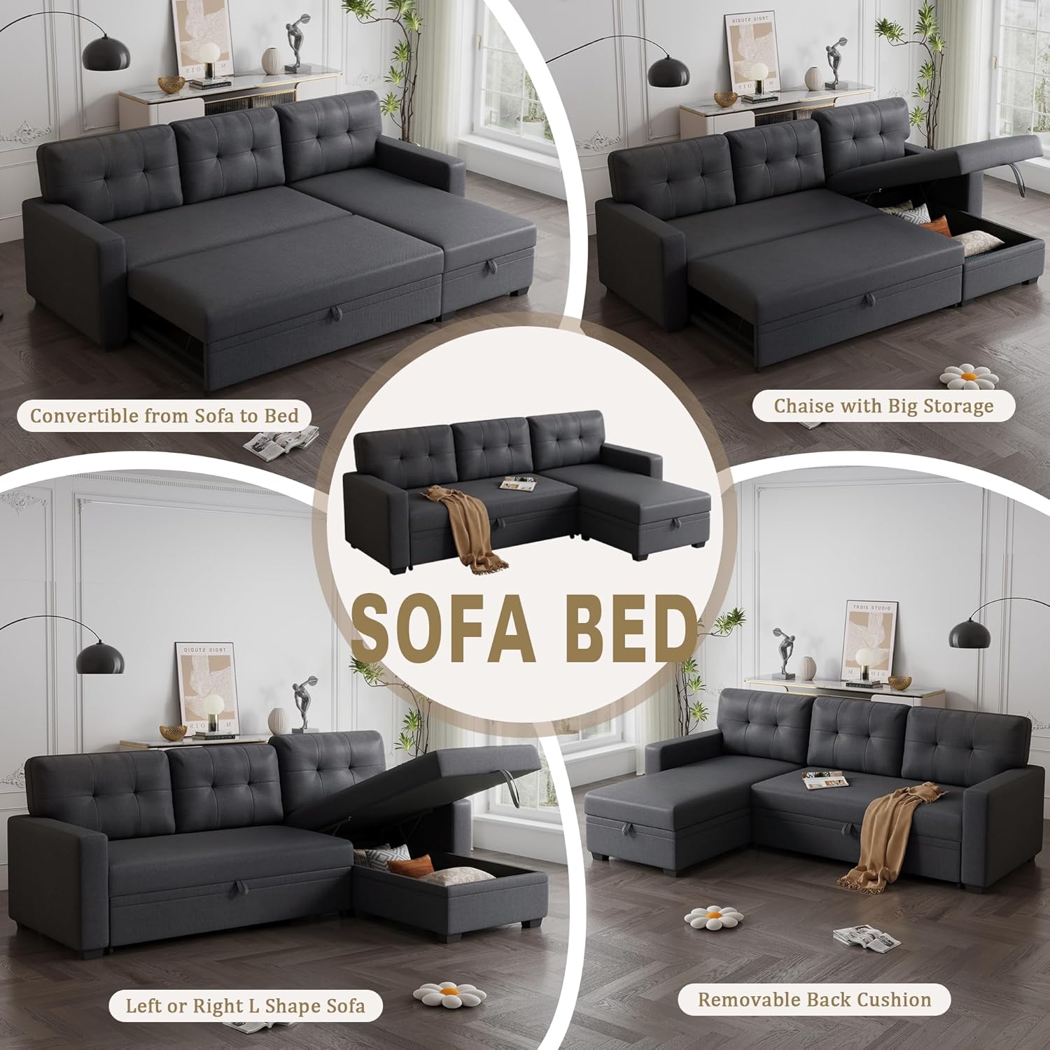 82" Upholstered Pull Out Sofa Bed with Storage Chaise,Linen Reversible Couch W/Tufted Backrest,3 Seater Sectional Sleeper for Living Room Apartment Office,Dark Gray