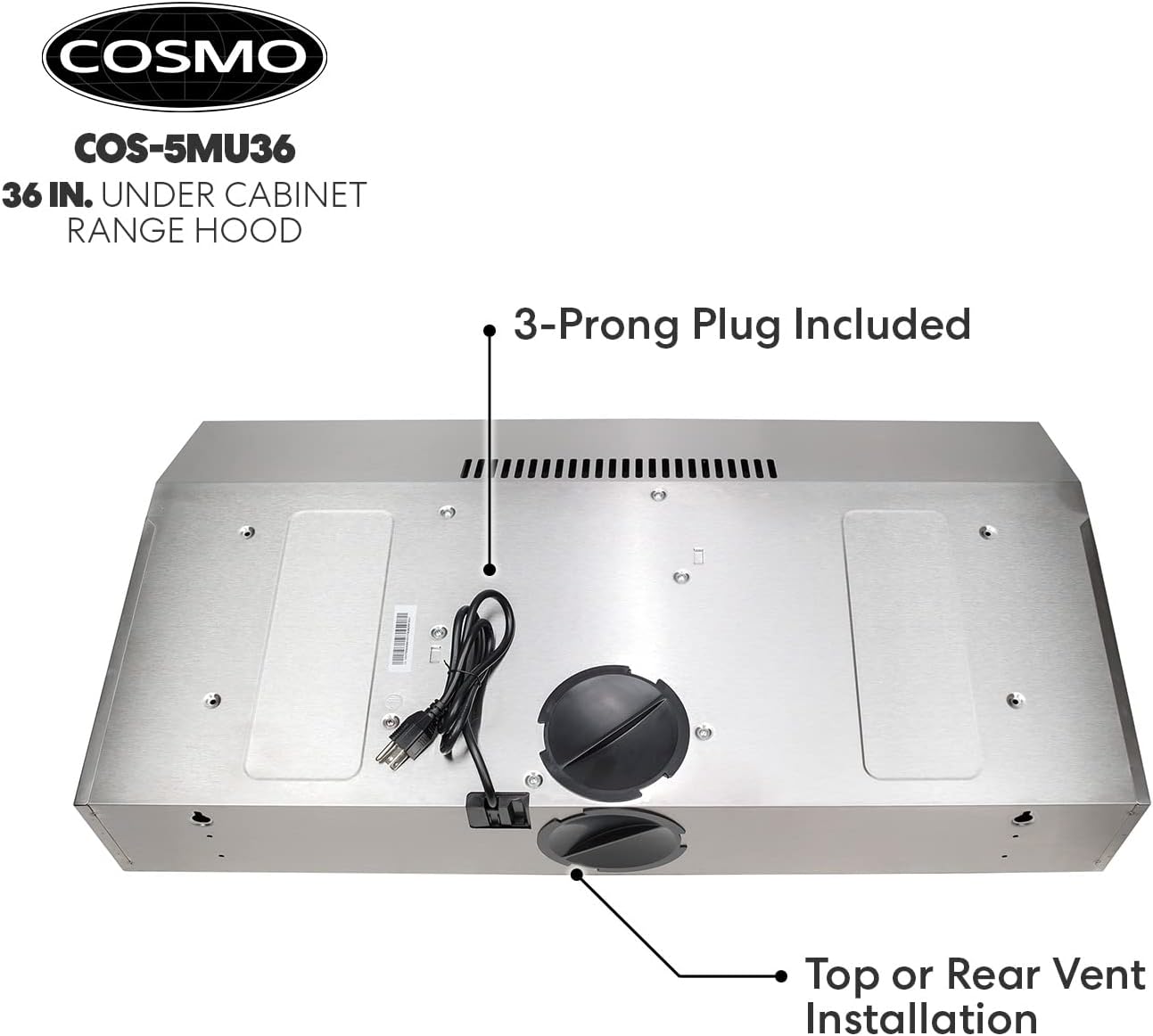 Cosmo COS-5MU36 36 in. Under Cabinet Range Hood Ductless Convertible Duct, Slim Kitchen Stove Vent with 3 Speed Exhaust Fan, Reusable Filter and LED Lights in Stainless Steel, 36 inch