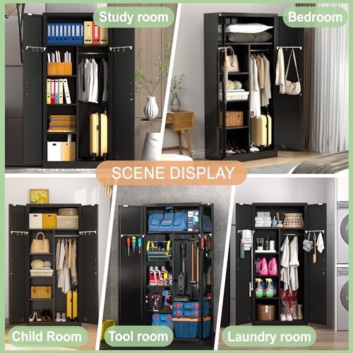 Steel Armoire Wardrobe Closet, 71" Metal Clothing Storage Cabinets with 2 Doors, 1 Adjustable Shelf and 2 Drawers, Metal Wardrobe Cabinet with Hanging Rod for Bedroom, Gym, Cloak Room (Black)