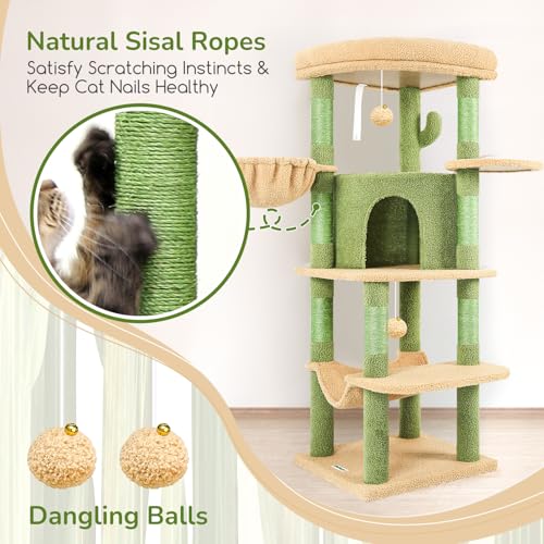 Globlazer Corner Cat Tree for Large Cats, 66inch Tall Curved Series Large Cat Tower for Multiple Indoor Cats with 6 Scratching Posts, 2 Spacious Cat Condos, Hammock, Hanging Basket, C66, Beige